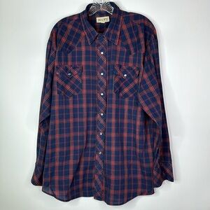 Vintage Hoofs Blue Plaid Pearl Snap Button Down Shirt Size XL